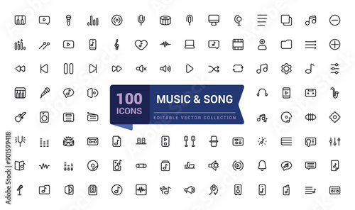 Set of Music And Song outline icons related to music and Entertainment. Linear icon collection. Editable stroke. Vector illustration.