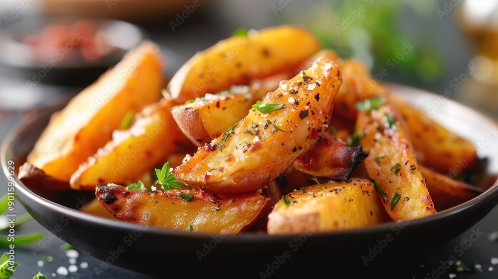 A close-up shot of a crispy sweet potato fry seasoned with salt and herbs. A close-up shot of a crispy sweet potato fry seasoned with salt and herbs.