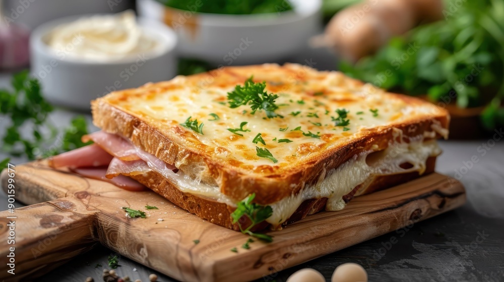 A classic French croque monsieur with ham, Gruyère cheese, and béchamel sauce. A classic French croque monsieur with ham, Gruyère cheese, and béchamel sauce.