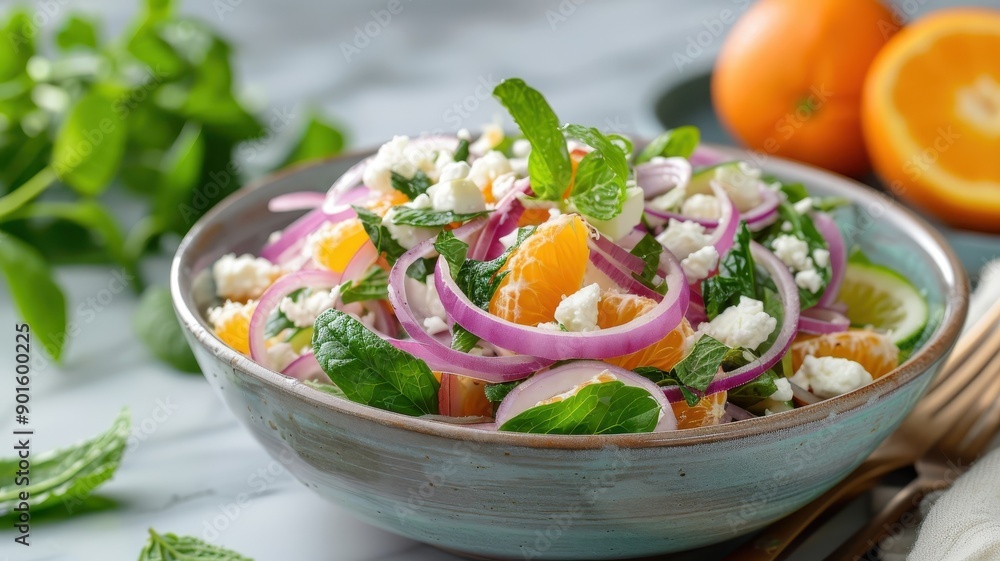 A vibrant salad with thinly sliced red onions, oranges, and feta cheese. A vibrant salad with thinly sliced red onions, oranges, and feta cheese.