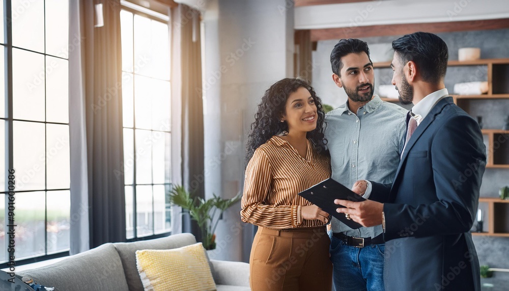 Real estate agent showing a house to a smiling couple in a modern living room, discussing property details. Real estate agent showing a house to a smiling couple in a modern living room, discussing property details.