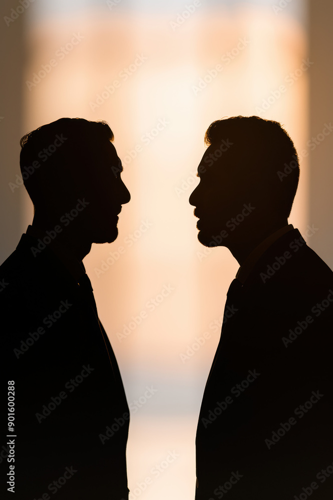Silhouette of two men facing each other, cast against a warm, blurred background, creating a striking and intense visual contrast. Silhouette of two men facing each other, cast against a warm, blurred background, creating a striking and intense visual contrast.