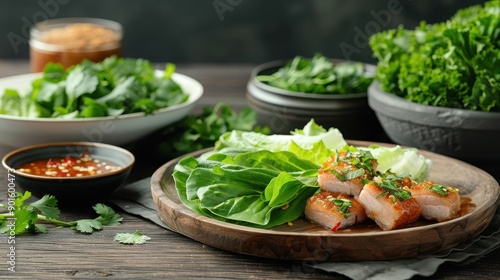 Crispy pork belly lettuce wraps with herbs and tangy dipping sauce.