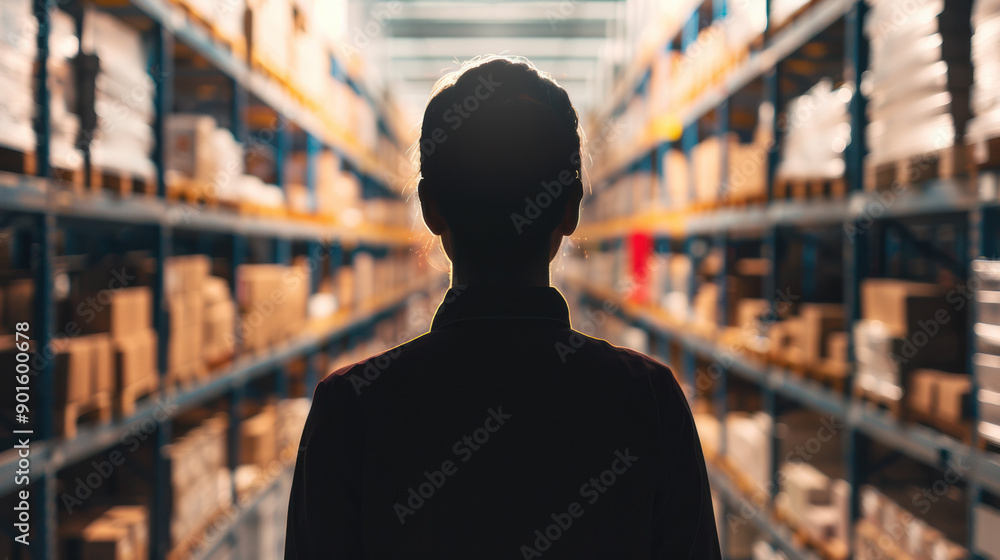 Silhouette of a person standing in a large warehouse aisle, surrounded by shelves stocked with boxes and various goods under bright lighting. Silhouette of a person standing in a large warehouse aisle, surrounded by shelves stocked with boxes and various goods under bright lighting.