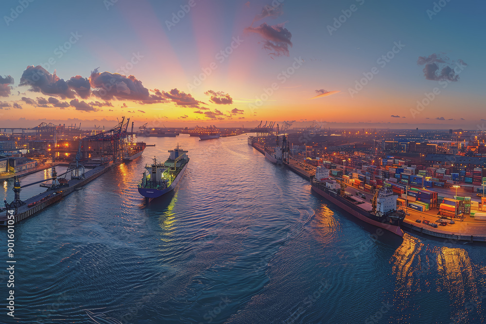 Fototapeta premium Panoramic view of a cargo ship from high up in the middle of the river with beautiful evening light.