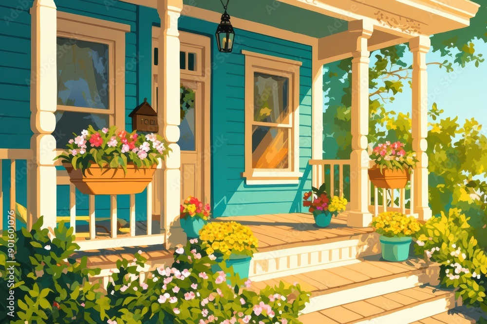 A quaint bed and breakfast with a welcoming front porch and flower boxes A quaint bed and breakfast with a welcoming front porch and flower boxes
