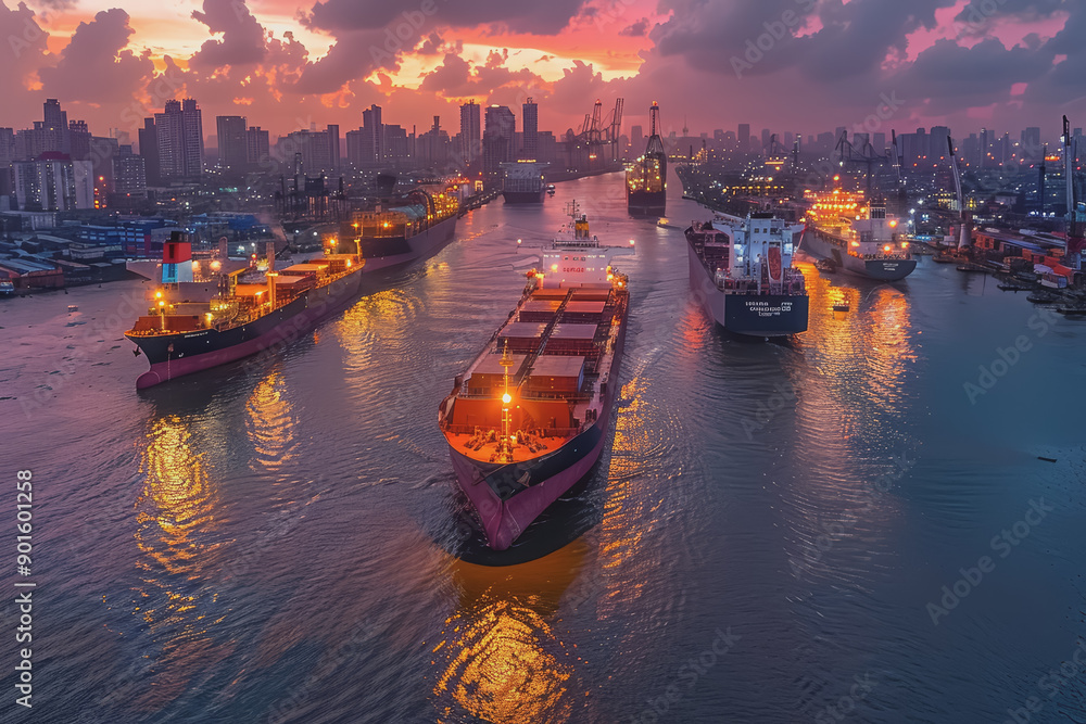 Fototapeta premium Panoramic view of a cargo ship from high up in the middle of the river with beautiful evening light.