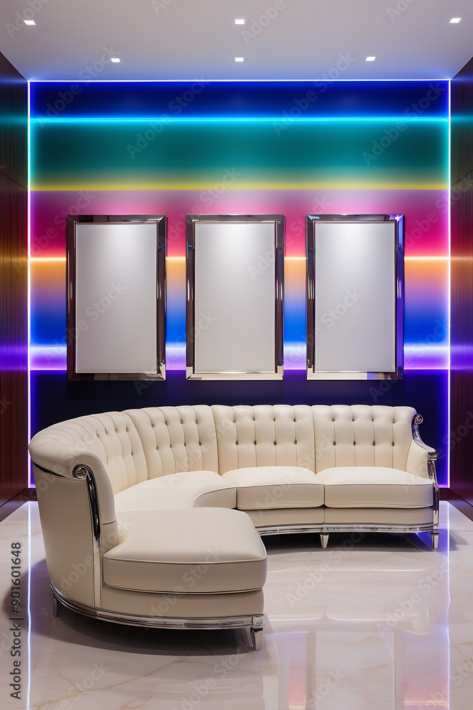 Blank poster mockup with neon wall background. Modern living room design Blank poster mockup with neon wall background. Modern living room design