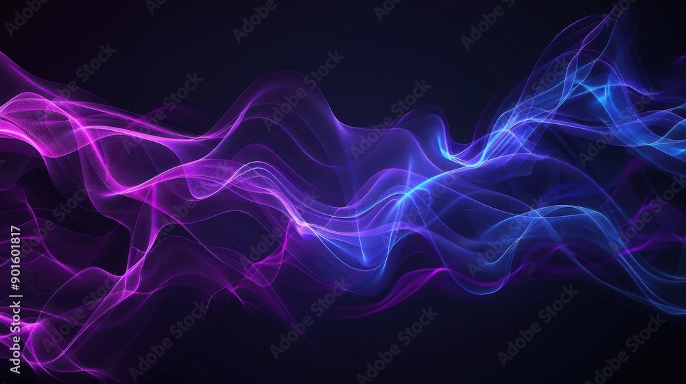 Abstract background with flowing neon purple and blue lines on a black backdrop. Abstract background with flowing neon purple and blue lines on a black backdrop.