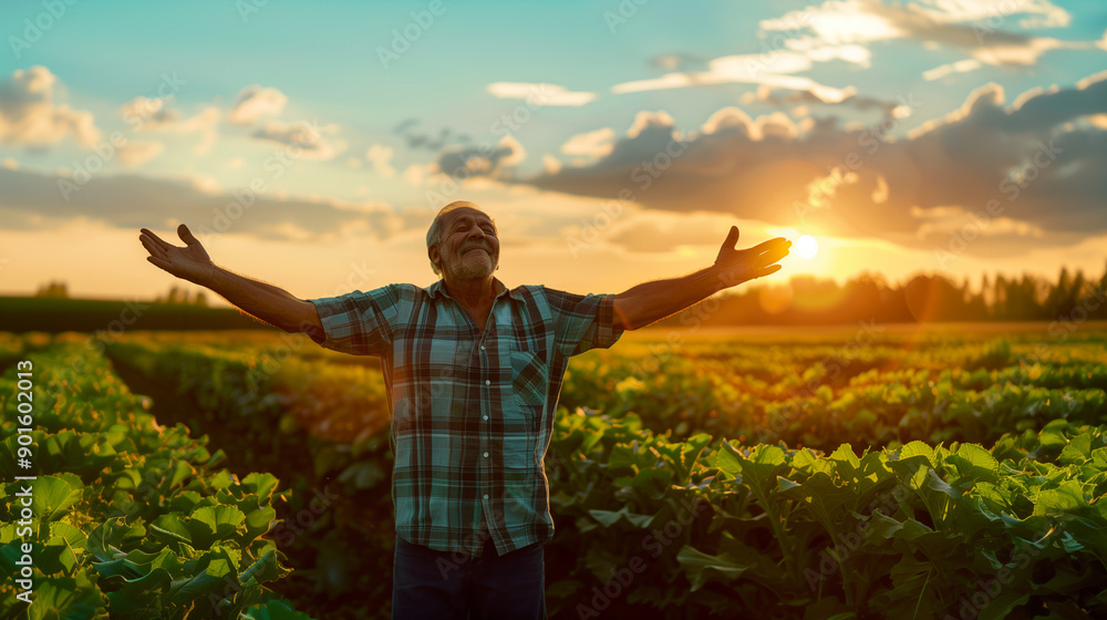 Fototapeta premium European farmer expressing gratitude in green fields on World Gratitude Day, human rights, Movember