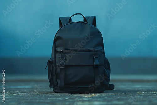 black backpack on a blue blurred background. Back to school concept. Copy space