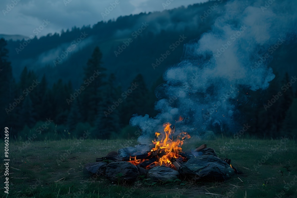 Fototapeta premium Campfire Under a Smoky Sky: A crackling fire illuminates the foreground, casting a warm glow against a backdrop of silhouetted mountains veiled in a misty twilight sky. 