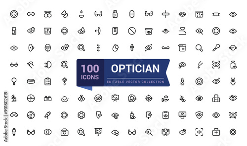 Optician and Optometry, Eye doctor line icons. Medical laser surgery, Optician board, oculist chart. Linear set. Vector Illsutration.