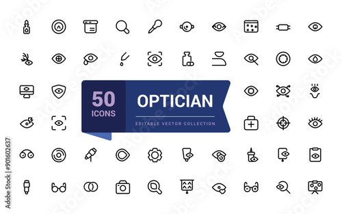 Optician and Optometry, Eye doctor line icons. Medical laser surgery, Optician board, oculist chart. Linear set. Vector Illsutration.