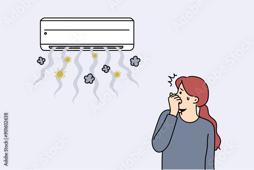 Broken air conditioner causes stench and spread of germs in apartment with girl covering nose. Problem with air conditioner or split system that contributes to appearance of bacteria