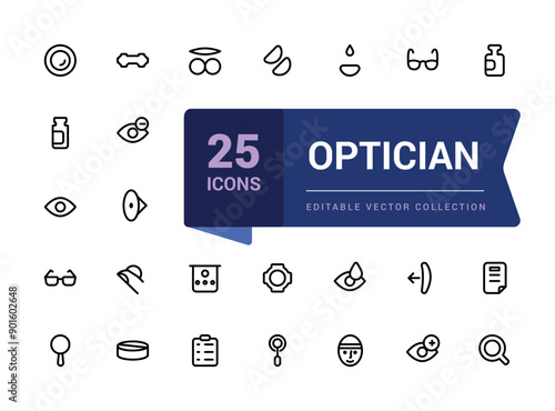 Optician and Optometry, Eye doctor line icons. Medical laser surgery, Optician board, oculist chart. Linear set. Vector Illsutration.
