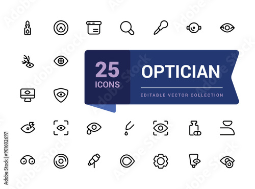 Optician and Optometry, Eye doctor line icons. Medical laser surgery, Optician board, oculist chart. Linear set. Vector Illsutration.