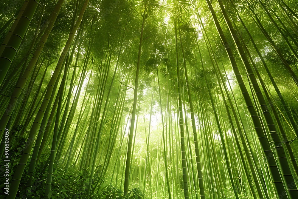 Fototapeta premium A lush bamboo forest with tall, green stalks swaying gently in the breeze, dappled sunlight filtering through the leaves, creating a serene and peaceful atmosphere.