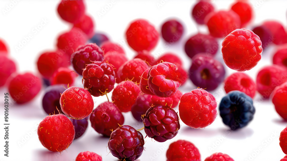 berries falling in the air on white background, closeup berries falling in the air on white background, closeup