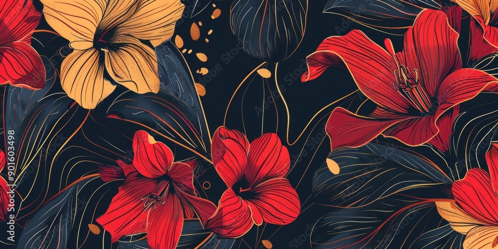 a image of a pattern of red and yellow flowers on a black background a image of a pattern of red and yellow flowers on a black background