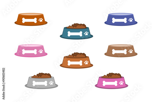 Series of colorful bowls with food for dog or cat - vector