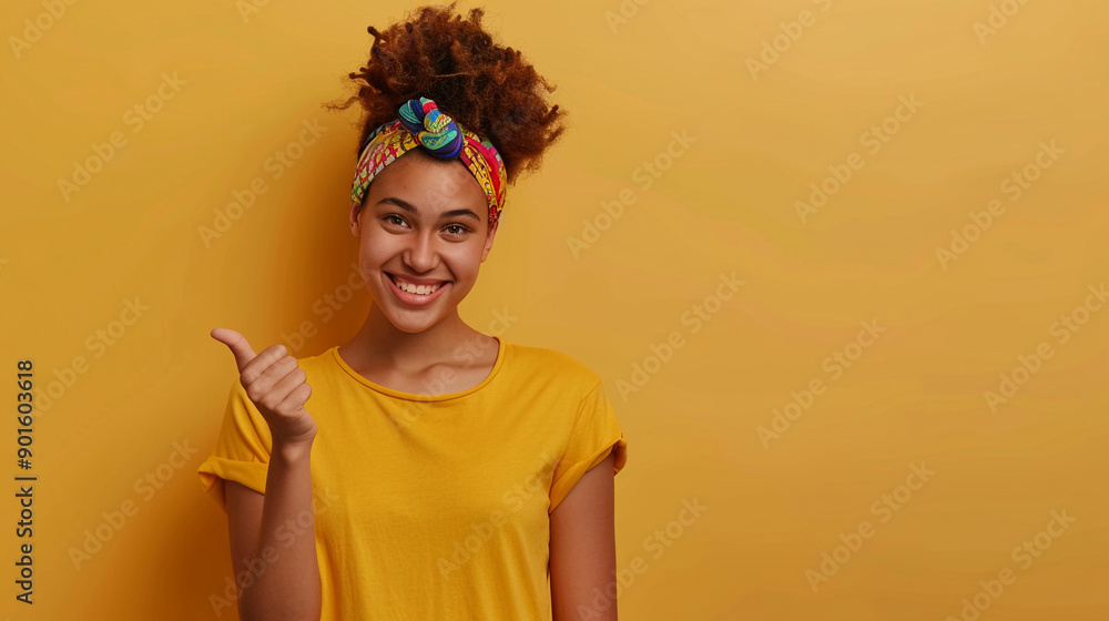 A girl with a colorful ribbon giving a thumbs up A girl with a colorful ribbon giving a thumbs up