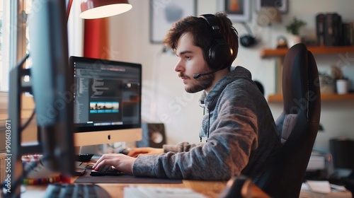 Young Man Concentrating on Work in Home Office