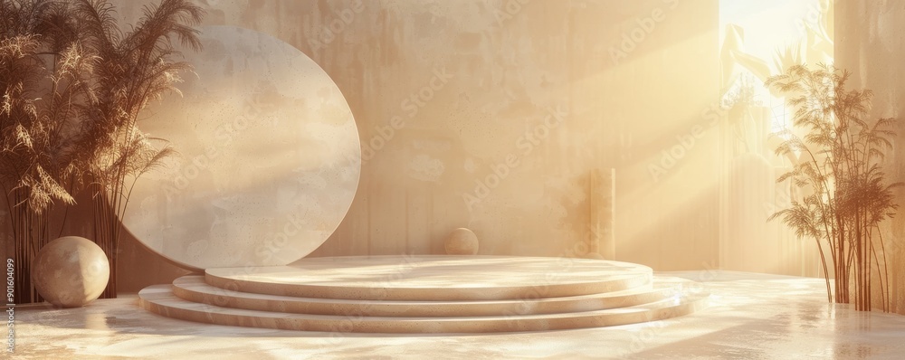 Fototapeta premium Minimalist stage design with round podium, bamboo decor, and natural lighting