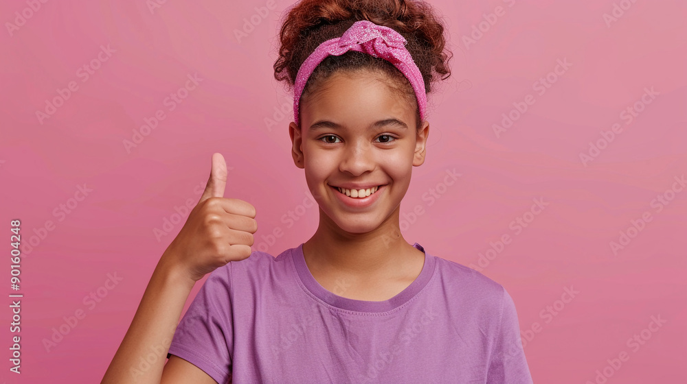 A girl with a glittery headband giving a thumbs up A girl with a glittery headband giving a thumbs up