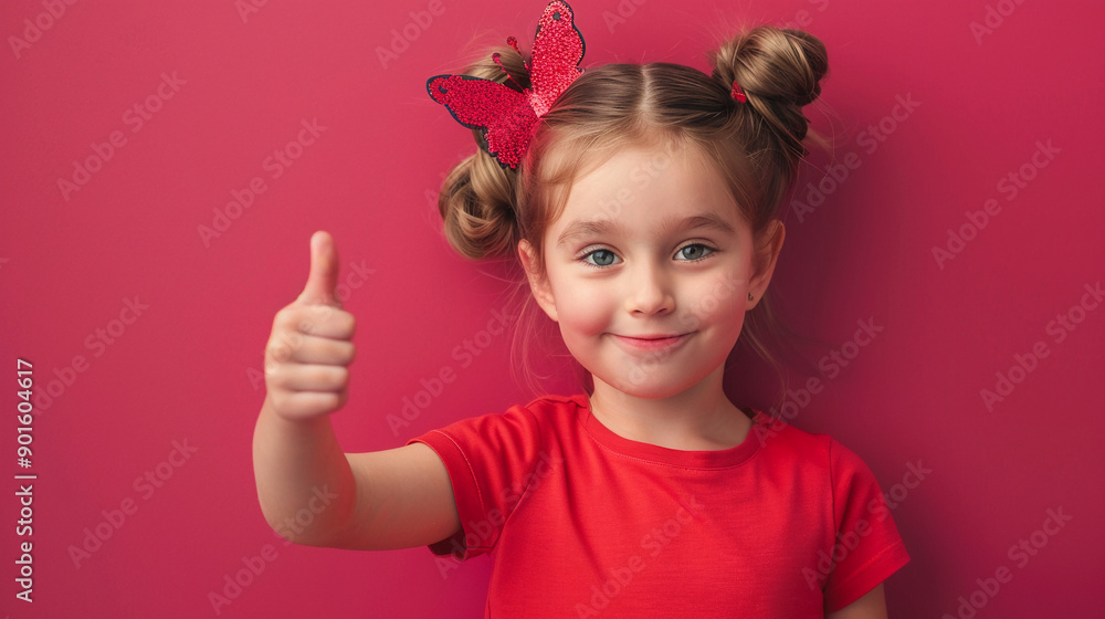 A little girl with a butterfly bow giving a thumbs up A little girl with a butterfly bow giving a thumbs up