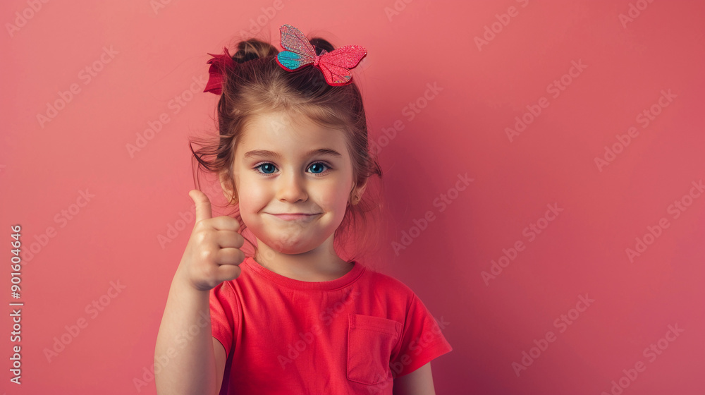 A little girl with a butterfly bow giving a thumbs up A little girl with a butterfly bow giving a thumbs up