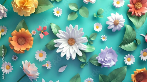 Wallpaper Mural An intricately detailed 3d rendered background wallpaper featuring assorted colorful blooming flowers against a subtle gradient blue background. Torontodigital.ca