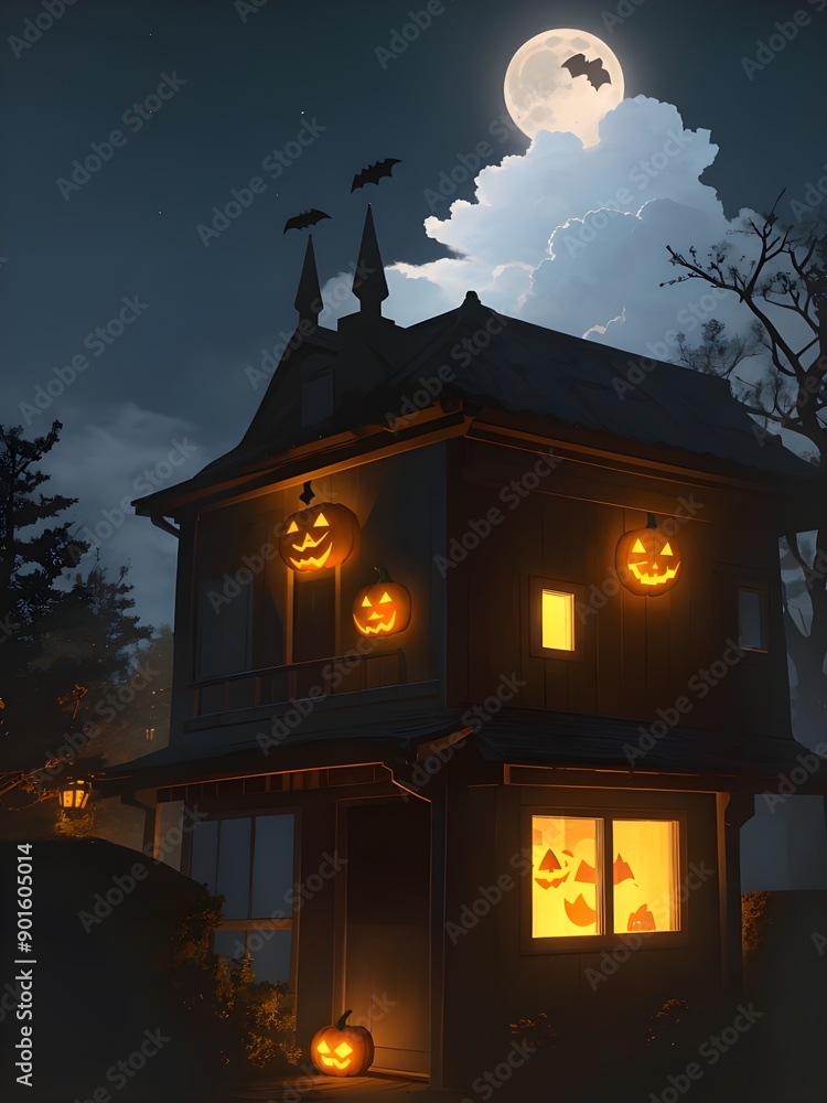 Haunted Victorian House with Jack-o'-Lanterns and Full Moon Haunted Victorian House with Jack-o'-Lanterns and Full Moon