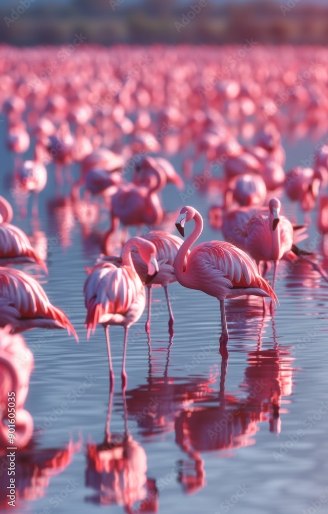 Naklejka premium A flock of pink flamingos are standing in a body of water