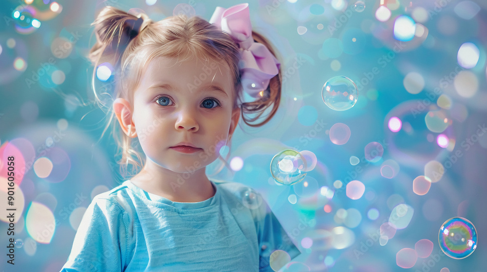 A little girl with a large bow playing with bubbles A little girl with a large bow playing with bubbles