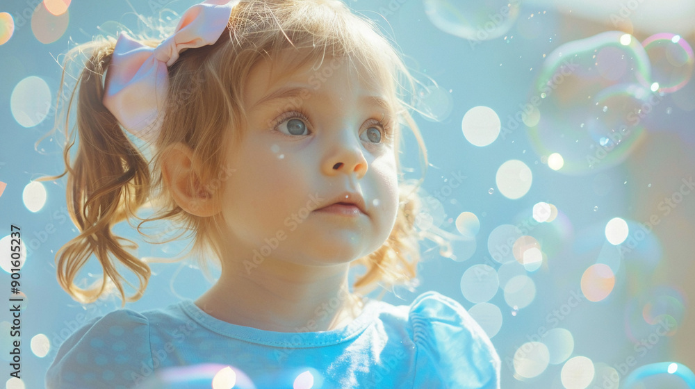 A little girl with a large bow playing with bubbles A little girl with a large bow playing with bubbles