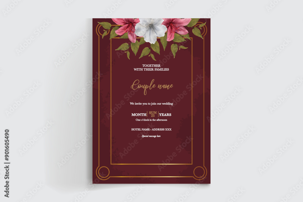 WEDDING INVITATION FRAME WITH FLOWER DECORATIONS WITH FRESH LEAVES WEDDING INVITATION FRAME WITH FLOWER DECORATIONS WITH FRESH LEAVES