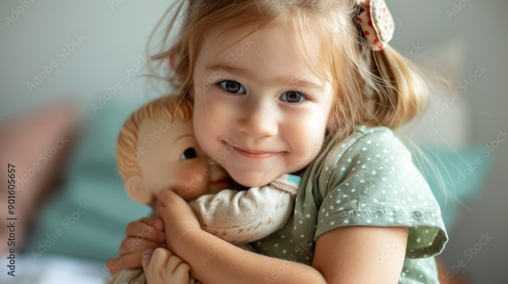 A little girl with a polka dot clip hugging a stuffed animal A little girl with a polka dot clip hugging a stuffed animal