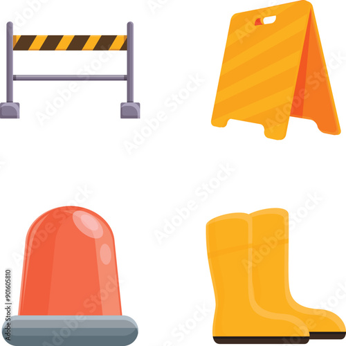 Repair work icons set cartoon vector. Equipment for road reconstruction. Warning sign