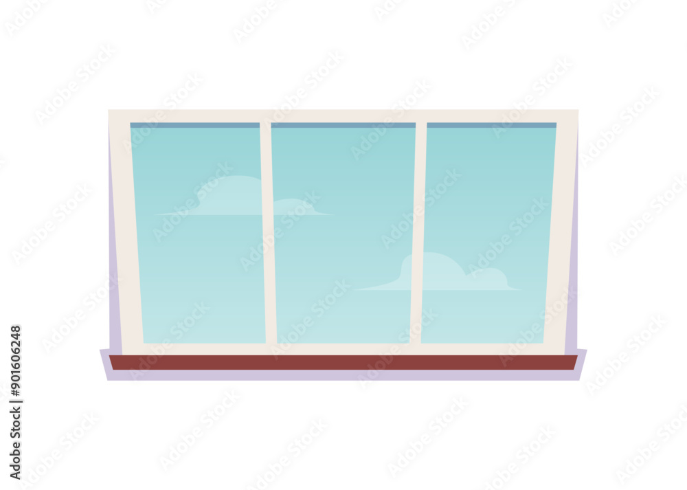 Fototapeta premium Window design icon, white frame with clean glass, wooden window sill, view of clear blue sky with clouds flat vector