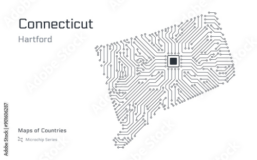 Connecticut Map with a capital of Hartford Shown in a Microchip Pattern. E-government. United States vector maps. Microchip Series