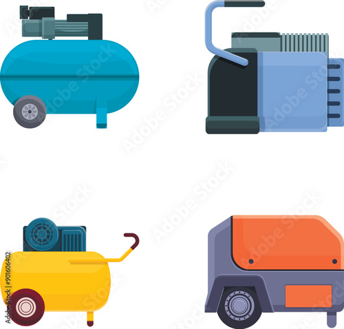 Electric compressor icons set cartoon vector. Various type of air compressor. Industrial equipment