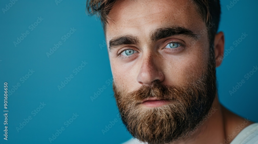 Obraz premium A man with a beard and blue eyes is looking at the camera