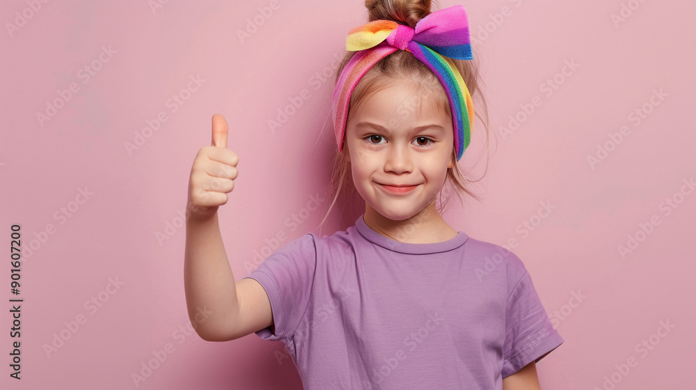 A young girl with a rainbow headband giving a thumbs up A young girl with a rainbow headband giving a thumbs up