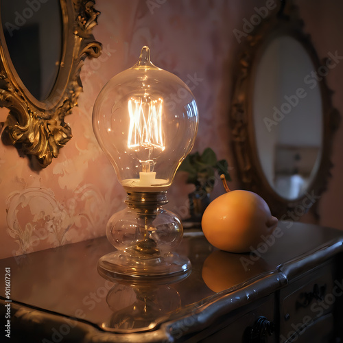 a light bulb sitting on a table next to a mirror photo