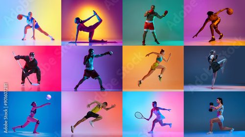 Fototapeta Naklejka Na Ścianę i Meble -  Vibrant collage showcasing athletes in various sports practicing in neon light against vibrant colorful background. Concept of sport, competition, match, team, games, action. Ad