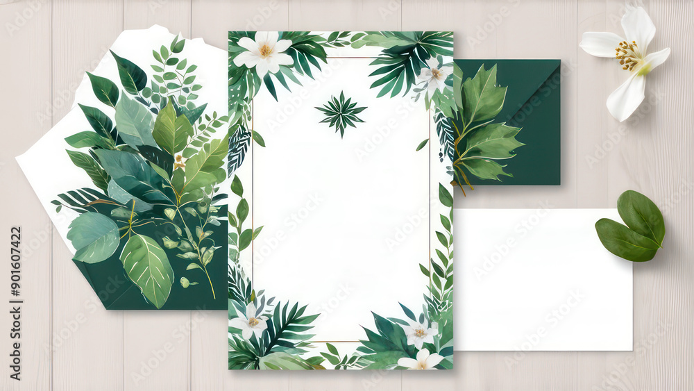 botanical garden-themed card, featuring a variety of green leaves, watercolor flowers, a delicate frame botanical garden-themed card, featuring a variety of green leaves, watercolor flowers, a delicate frame