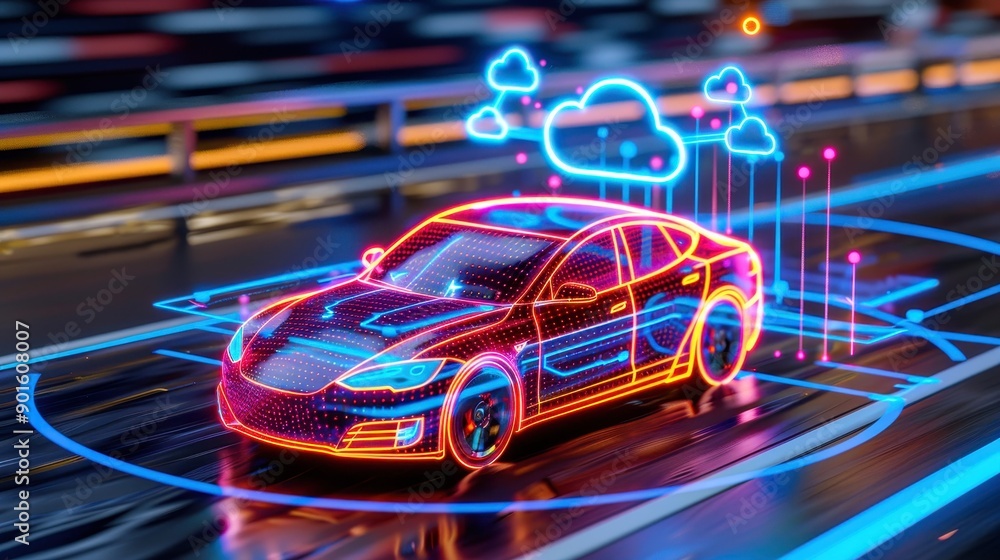 Futuristic smart car with neon lights on a modern highway, showcasing advanced technology and innovation in autonomous driving. Futuristic smart car with neon lights on a modern highway, showcasing advanced technology and innovation in autonomous driving.