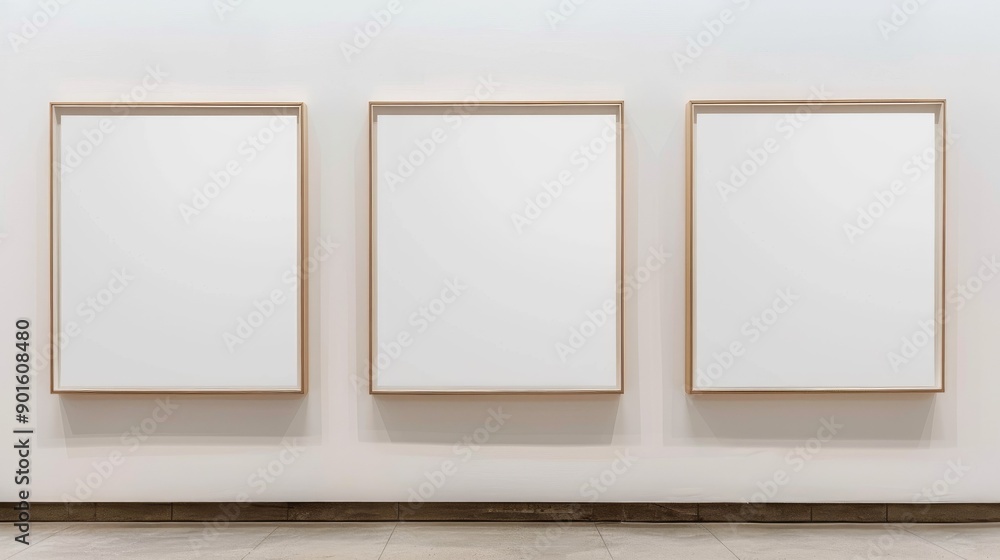 Fototapeta premium Blank wall frame in a modern, white-walled gallery space