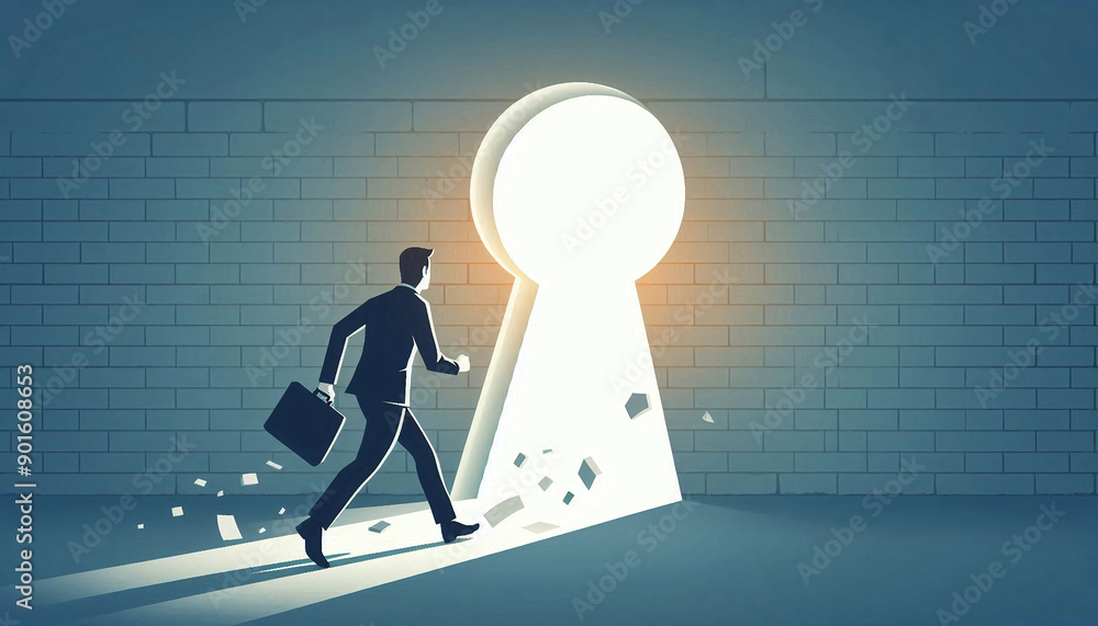 Obraz premium Businessman walking go to near keyhole door in the wall of the hole at light falls